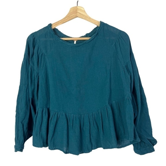 Free People Tops - Free People Teal Blue Gauze Cotton Peplum Open Back Long Sleeve Blouse XS